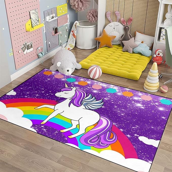 Unicorn Rugs for Girls Bedroom Unicorn Area Rugs for Girls Bedroom Rainbow Carpet Kids Unicorn Rugs for Bedroom Girls Living Room Floor Mat, Purple, 3'×5' - LeafyLoom