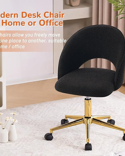 Furniliving Home Vanity Desk Chair, Modern Cute Desk Chairs Adjustment Height Chair with Swivel Wheels Upholstered Sherpa Gold Metal Base for Makeup Living Room Bedroom,Black - LeafyLoom