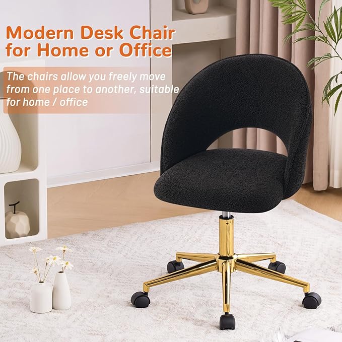 Furniliving Home Vanity Desk Chair, Modern Cute Desk Chairs Adjustment Height Chair with Swivel Wheels Upholstered Sherpa Gold Metal Base for Makeup Living Room Bedroom,Black - LeafyLoom