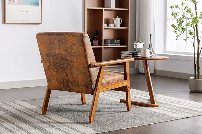 Mid-Century Accent, Modern Single Armchair, Upholstered Leisure Lounge Chair wth Solid Wood Armrest and Feet for Living Room, Bedroom, Office, Coffee - LeafyLoom