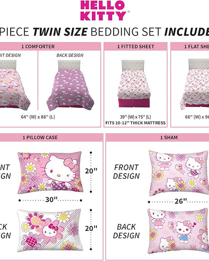 Franco Kids Bedding Super Soft Comforter and Sheet Set with Sham, 5 Piece Twin Size, Hello Kitty - LeafyLoom