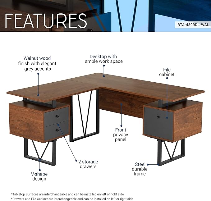 Techni Mobili Reversible Modern Versatile L Shaped Drawers and File Cabinet Home Office Desk, 59" W x 57.3" D x 30" H, Brown, Grey - LeafyLoom
