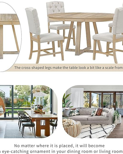 NicBex Small Dining Table Set for 4 Breakfast Nook Table Set 5-Piece Retro Functional Dining Set, Round Table with a 16" W Leaf and 4 Upholstered Chairs for Dining Room, Natural - LeafyLoom