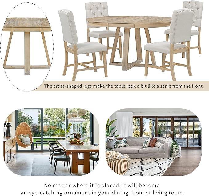 Retro Style 5-Piece Extendable Dining Round Functional Kitchen Table Set with 16" W Leaf and 4 Upholstered Chairs-Ideal for Breakfast Nook or Living Room-Natural - LeafyLoom