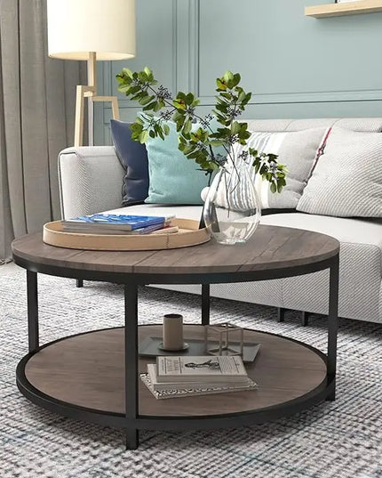 Round Coffee Table, 36" Coffee Table for Living Room, 2-Tier Rustic Wood Desktop with Storage Shelf Modern Design Accent Center Table Industrial Sofa Table Home Furniture(Walnut) - LeafyLoom