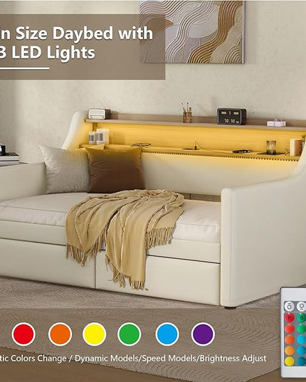 Twin Size Daybed with 2 Storage Drawers, Upholstered Daybed with Charging Station and LED Lights, PU Leather Fabric Bedframe w/Headboard & Wood Slat Support for Living Room, White - LeafyLoom