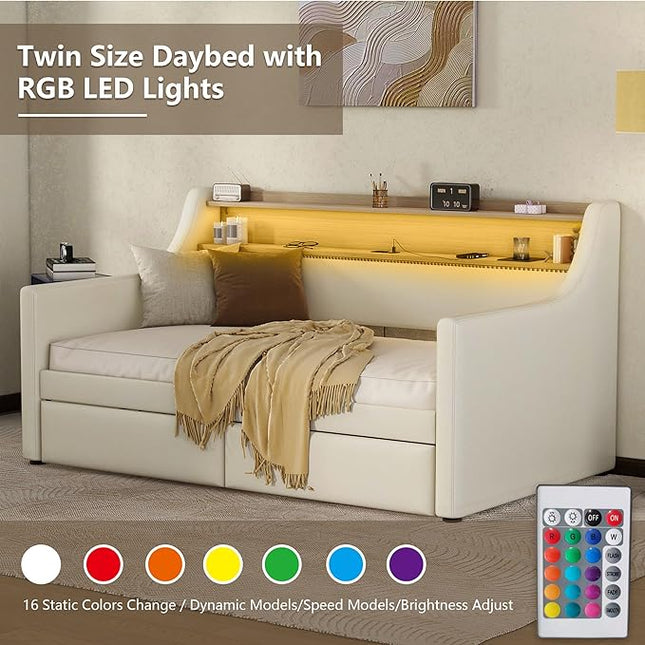 Twin Size Daybed with 2 Storage Drawers, Upholstered Daybed with Charging Station and LED Lights, PU Leather Fabric Bedframe w/Headboard & Wood Slat Support for Living Room, White - LeafyLoom