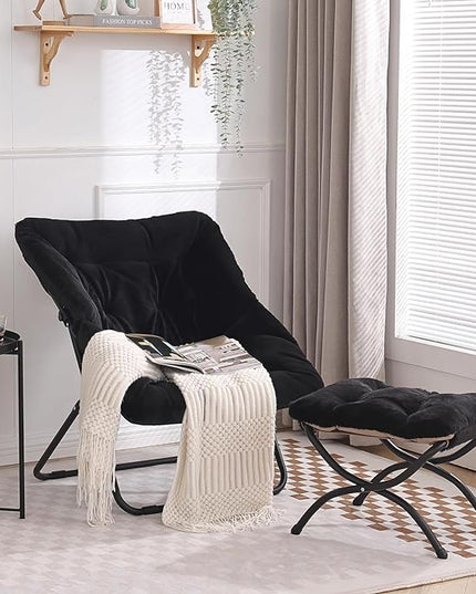 Tiita Saucer Chair with Ottoman, Soft Faux Fur Oversized Folding Accent Chair,Lounge Lazy Chair, Metal Frame Moon Chair for Bedroom, Living Room, Dorm Rooms, Garden and Courtyard - LeafyLoom