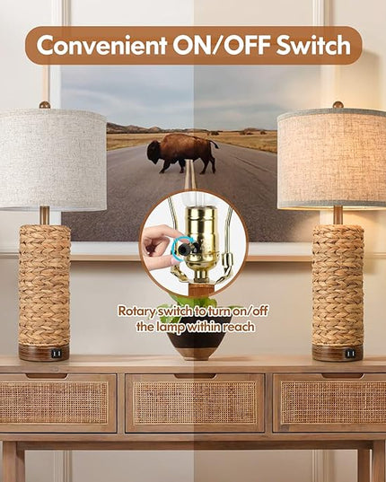 Set of 2 Rattan Table Lamps for Living Room with 2 USB Ports, 27in Tall Bedroom Lamp Costal Farmhouse, Rustic Woven Seagrass Bedside Nightstand Lamps for End Table, E26 Socket&Rotary Switch, No Bulb - LeafyLoom