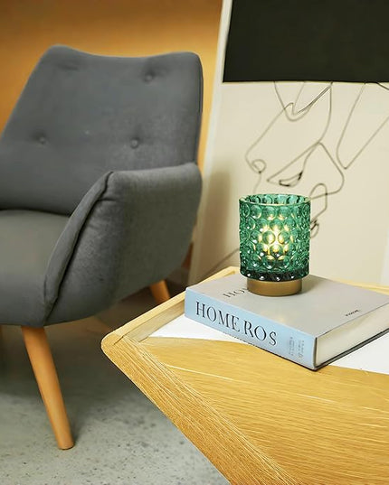 Battery Operated Table Lamp with Timer, 4.7" Tall Round Small Lamps, Cordless Crystal Night Light,Battery Powered Bedside Lamp, for Corner/Living Room/Bedroom/Tabletop, Green - LeafyLoom