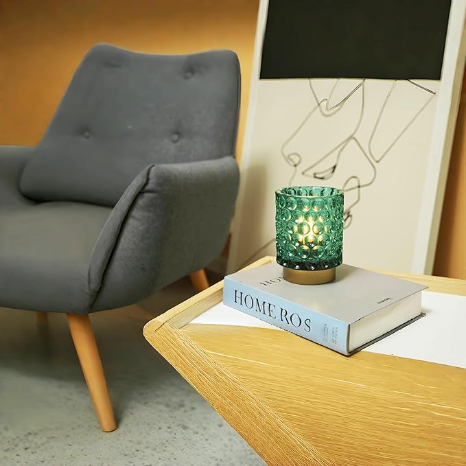 Battery Operated Table Lamp with Timer, 4.7" Tall Round Small Lamps, Cordless Crystal Night Light,Battery Powered Bedside Lamp, for Corner/Living Room/Bedroom/Tabletop, Green - LeafyLoom