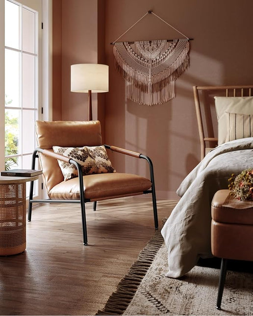 VASAGLE EKHO Collection - Accent Chair, Metal Framed Armchair, Synthetic Leather with Stitching, Mid-Century Modern, Sling Chair for Living, Bedroom, Reading Room, Lounge, Caramel Brown ULAC014K01 - LeafyLoom