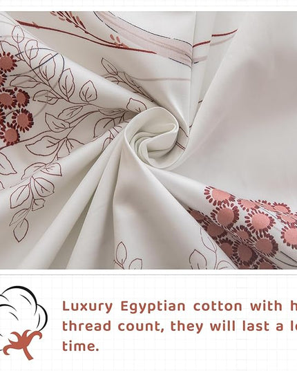 QSH Floral Bed Sheets Queen Size - 100% Egyptian Cotton Sheets Elegant Aesthetic Flower Pattern Printed Bedding Sheets Queen Size Bed Extra Soft and Breathable 4pcs Deep Pockets Bed Sheets - LeafyLoom