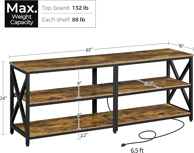 Yaheetech TV Stand with Power Outlet, Industrial TV Stand for 75 Inch TVs, Media TV Console Table with Open Storage Shelves for Living Room, Rustic Brown - LeafyLoom