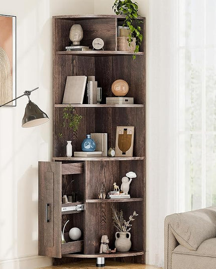 6 Tier Corner Shelf with Drawer, Corner Bookshelf and Corner Bookcase Corner Display Storage Cabinet Stand for Living Room, Bedroom, Office, Small Space, Black Walnut - LeafyLoom