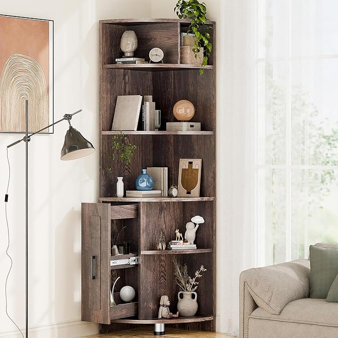 6 Tier Corner Shelf with Drawer, Corner Bookshelf and Corner Bookcase Corner Display Storage Cabinet Stand for Living Room, Bedroom, Office, Small Space, Black Walnut - LeafyLoom