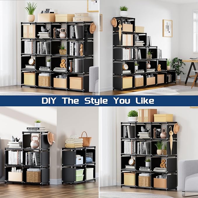 Mavivegue Bookshelf,16 Cube Storage Organizer,Book Shelf Organizer,Tall Bookcase Shelf,Black Cube Shelf Cubbies Closet Storage Organizer Shelves for Bedroom,Living Room,Home,Office, 16-Grid - LeafyLoom