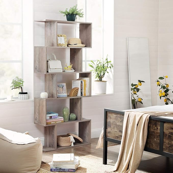 VASAGLE Wooden Bookcase, Display Shelf and Room Divider, Freestanding Decorative Storage Shelving, 5-Tier Bookshelf, Greige ULBC062M01 9.4D x 27.6W x 62.6H in - LeafyLoom