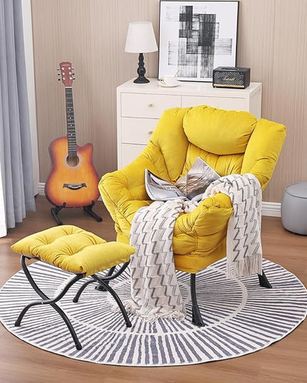 Lazy Chair and Ottoman, Large Accent Lounge Chair with Armrests and a Side Pocket, Modern Leisure Upholstered Sofa Reading Armchair with Footrest for Bedroom, Living Room, Dorm Rooms, Office - LeafyLoom