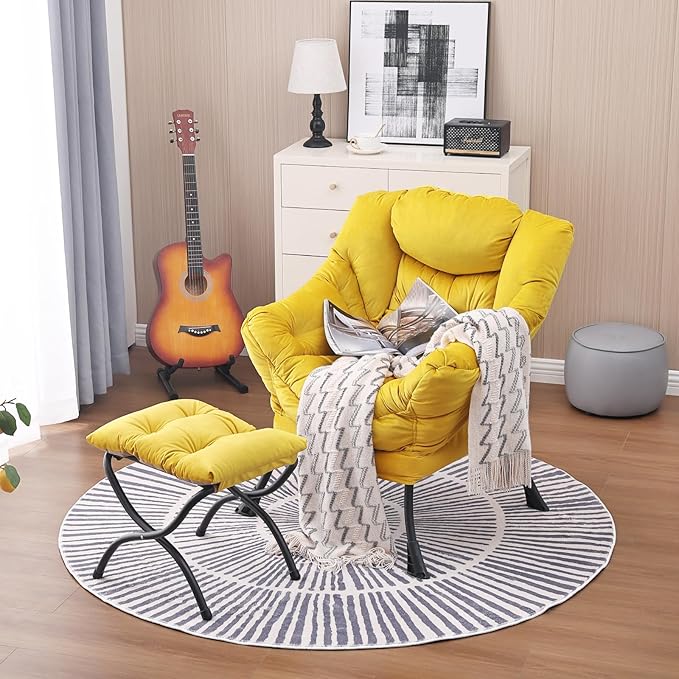 Lazy Chair and Ottoman, Large Accent Lounge Chair with Armrests and a Side Pocket, Modern Leisure Upholstered Sofa Reading Armchair with Footrest for Bedroom, Living Room, Dorm Rooms, Office - LeafyLoom