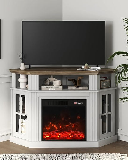 YESHOMY Corner Fireplace TV Stand for Television up to 55" with Storage Cabinets, Entertainment Center, Media Console for Living Room, Bedroom, White - LeafyLoom