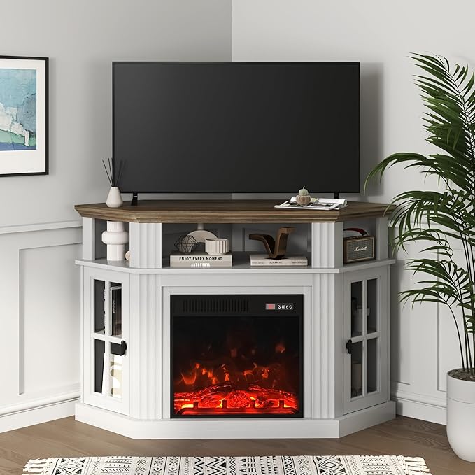 YESHOMY Corner Fireplace TV Stand for Television up to 55" with Storage Cabinets, Entertainment Center, Media Console for Living Room, Bedroom, White - LeafyLoom