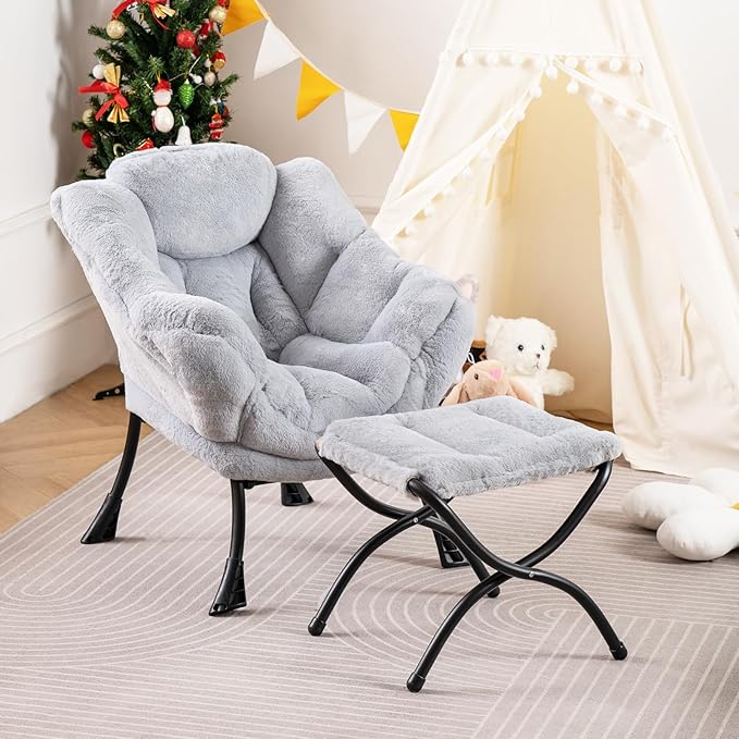 Welnow Toddler Kids Lazy Chair with Ottoman, Accent Comfy Lounge Children Armchair Couch with Armrest and Removable Cover, Detachable Reading Chair with Footrest for Boy or Girl, Plush Grey - LeafyLoom
