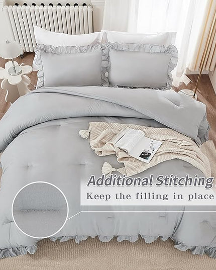 Andency Silver Gray Comforter Set Queen Size, 3 Pieces Shabby Chic Ruffle Bedding Comforter Sets for Queen Bed, Lightweight Fluffy Soft Microfiber Farmhouse Comforter Set - LeafyLoom