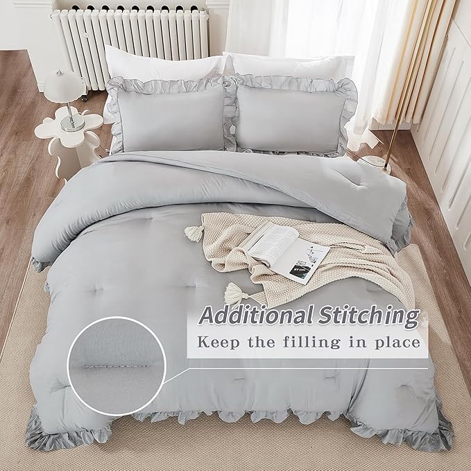 Andency Silver Gray Comforter Set King, 3 Pieces Farmhouse Shabby Chic Ruffle Comforter, Lightweight Fluffy Soft Microfiber All Season Solid Bed Comforter Set (1 Ruffle Comforter & 2 Pillowcases) - LeafyLoom