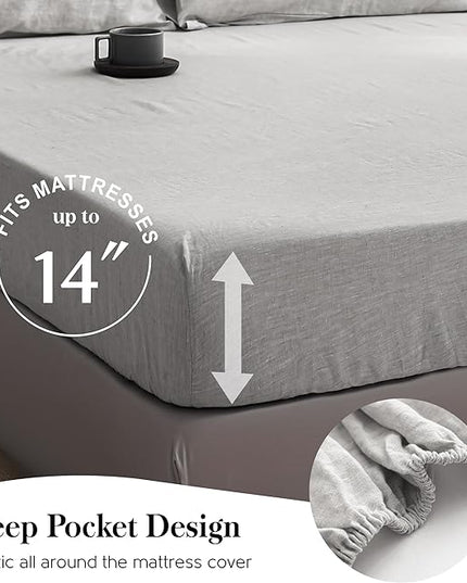 Simple&Opulence 100% Washed Linen Sheet Set-King Size-Natural France Flax Bed Sheet-4 Pcs Breathable,Ultra Soft,Farmhouse Bedding (1 Flat Sheet,1 Fitted Sheet,2 Pillowcases)-Embroidery Grey - LeafyLoom
