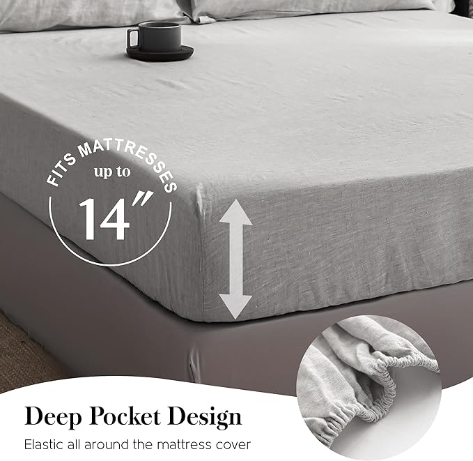 Simple&Opulence 100% Washed Linen Sheet Set-King Size-Natural France Flax Bed Sheet-4 Pcs Breathable,Ultra Soft,Farmhouse Bedding (1 Flat Sheet,1 Fitted Sheet,2 Pillowcases)-Embroidery Grey - LeafyLoom