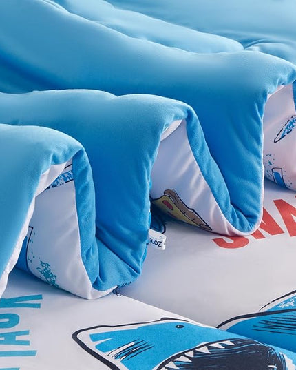 SLEEP ZONE Jersey Knit 3-Piece Full/Queen Size Comforter Set, Lightweight Kids Bedding Sets for All Seasons, Fluffy Soft, Easy Care (Sharks, Full/Queen) - LeafyLoom