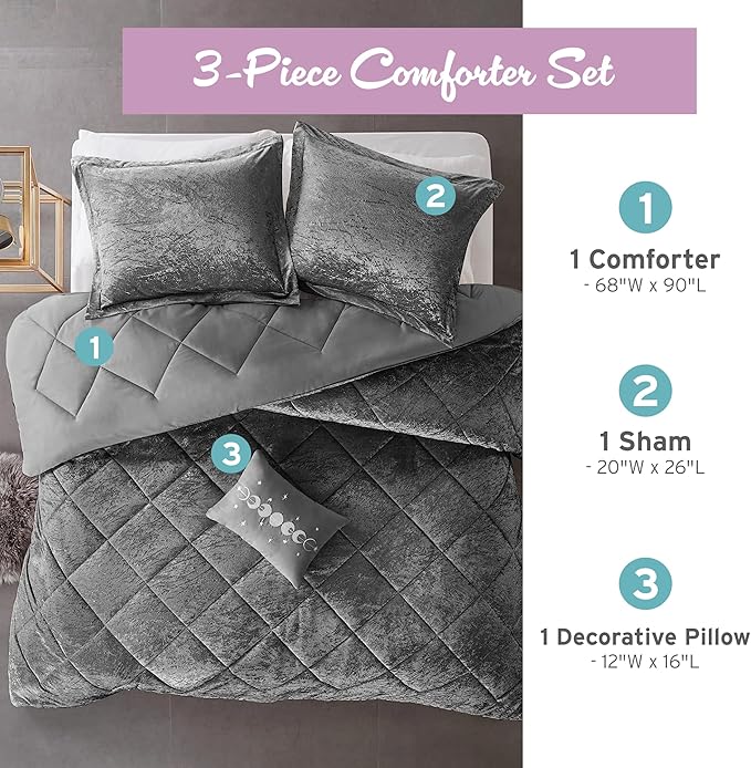 Intelligent Design Twin Comforter Set, Velvet Comforter Set , Luxury Diamond Quilting Comforter Set, Fluffy Comforter Bed Set with Decorative Pillowand 1 Sham, 3 Piece Grey, Twin/Twin XL - LeafyLoom