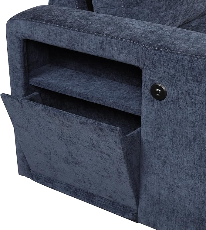 90.6'' L-shaped Modular Sectional Sofa with Storage Space, Ottoman and Pull-Out Bed, 6 Seat Upholstered Couch w/USB Ports & Cup Holders, for Living Rooms, Offices, Apartments, Blue, 90.6 Inch - LeafyLoom