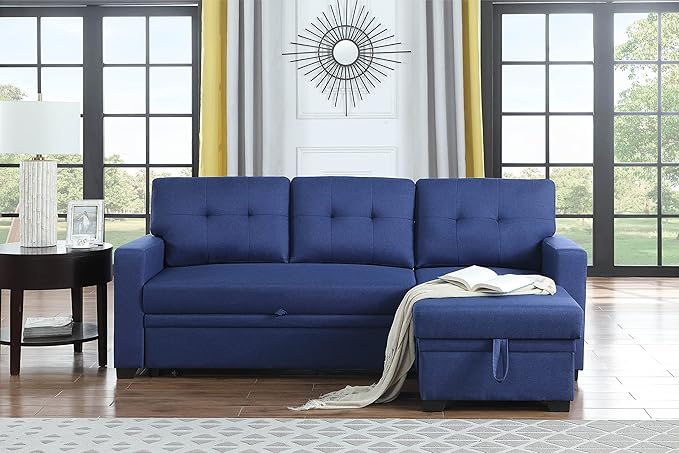 82" Sectional Sleeper Sofa with Storage Chaise,L Shaped Pull Out Couch Bed W/ 3 Removable Back Cushions and Armrest for Living Room,Apartment,Office,Blue - LeafyLoom