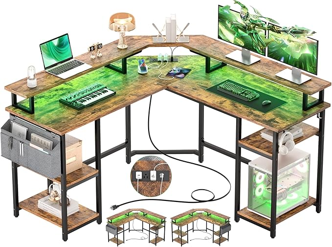 Aheaplus L Shaped Gaming Desk with Power Outlets & LED Lights, Corner Computer Desk with Monitor Stand and Storage Shelf, Home Office Writing Desk with Storage Bag, Rustic Brown - LeafyLoom