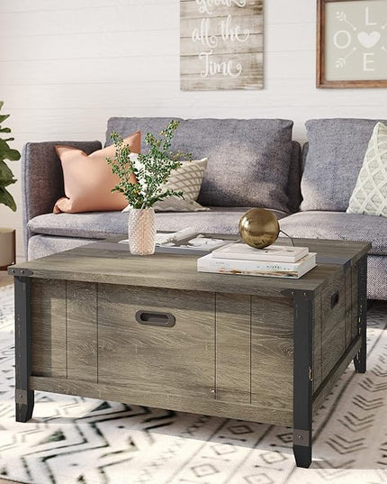 Bestier Farmhouse Coffee Table, Square Wood Center Table with Large Hidden Storage Compartment for Living Room, Rustic Cocktail Table with Hinged Lift Top for Home, Grey - LeafyLoom