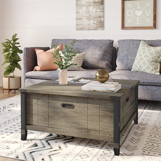 Bestier Farmhouse Coffee Table, Square Wood Center Table with Large Hidden Storage Compartment for Living Room, Rustic Cocktail Table with Hinged Lift Top for Home, Grey - LeafyLoom