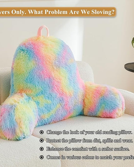 XeGe Fluffy Back Support Pillow Cover for Bed (No Filler), Tie Dye Faux Fur Backrest Pillow Case, Furry Reading Pillow Cover with Arms Adults Kids Girls, Fuzzy Sit Up Study Pillow for Floor, Rainbow - LeafyLoom