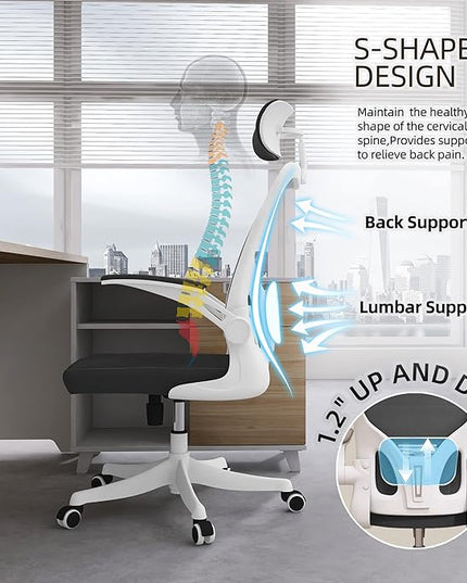 Office Chair, Ergonomic Office Chair with Lumbar Support & 3D Headrest & Flip Up Arms Home Office Desk Chairs Rockable High Back Swivel Computer Chair White Frame Black Mesh Study Chair - LeafyLoom