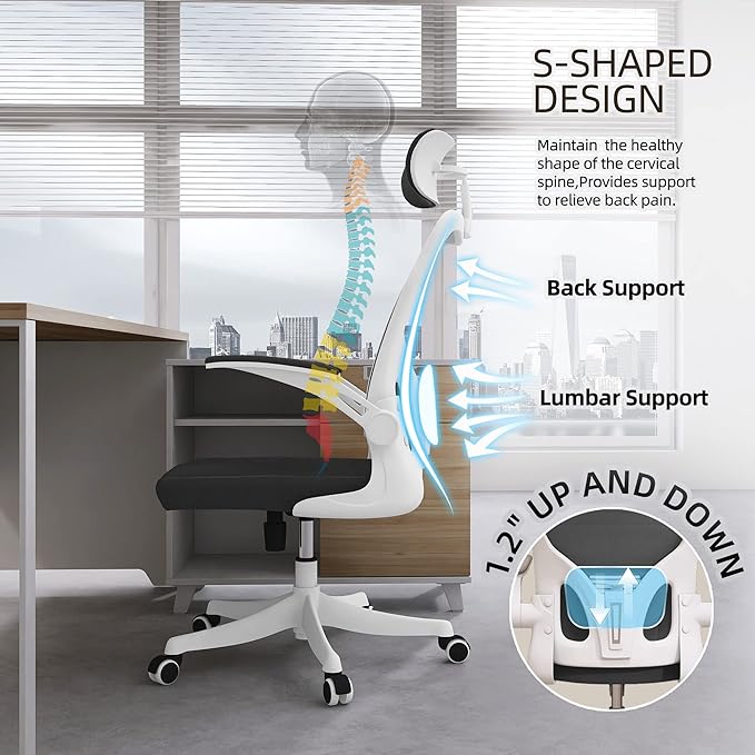 Office Chair, Ergonomic Office Chair with Lumbar Support & 3D Headrest & Flip Up Arms Home Office Desk Chairs Rockable High Back Swivel Computer Chair White Frame Black Mesh Study Chair - LeafyLoom