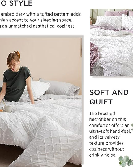 Bedsure Queen Comforter Set - White Comforter, Boho Tufted Shabby Chic Bedding Comforter Set, 3 Pieces Vintage Farmhouse Bed Set for All Seasons, Fluffy Soft Bedding Set with 2 Pillow Shams - LeafyLoom