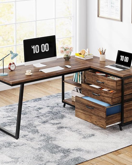 Reversible 53-inch L Shaped Desk with 3 Drawer, Farmhouse Corner Desk Gaming Table with Shelves and File Cabinet for Letter Size & Legal Size File for Home Office and Small Space - LeafyLoom