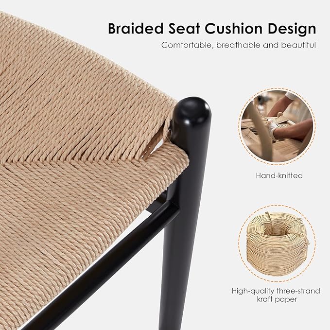 Farini Wishbone Chairs for Dining Room Solid Wood Rattan Chair Armchairs Y Shaped Backrest Hemp Seat for Home Restaurant Fully-Assembled(Set of 2,Black-Beige Seat) - LeafyLoom