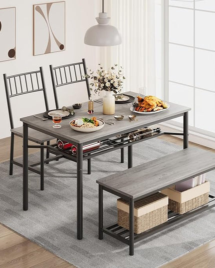 Dining Table Set for 4, Kitchen Table and Chairs for 4 with Wine Rack, Rectangular Dining Room Table Set with Bench, 4 Piece Dining Table Set for Small Space, Apartment, Retro Gray - LeafyLoom
