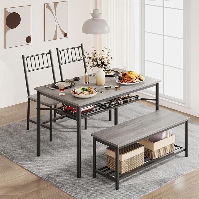 Dining Table Set for 4, Kitchen Table and Chairs for 4 with Wine Rack, Rectangular Dining Room Table Set with Bench, 4 Piece Dining Table Set for Small Space, Apartment, Retro Gray - LeafyLoom