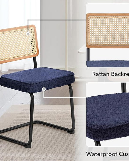 Rattan Dining Chairs Set of 2, Mid Century Modern Sherpa Dining Room Kitchen Chairs with Cane Back, Metal Chrome Legs, Upholstered Wicker Armless Accent Chairs, Blue - LeafyLoom