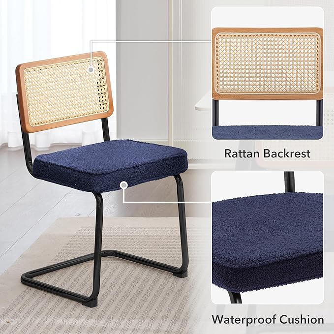 Rattan Dining Chairs Set of 2, Mid Century Modern Sherpa Dining Room Kitchen Chairs with Cane Back, Metal Chrome Legs, Upholstered Wicker Armless Accent Chairs, Blue - LeafyLoom