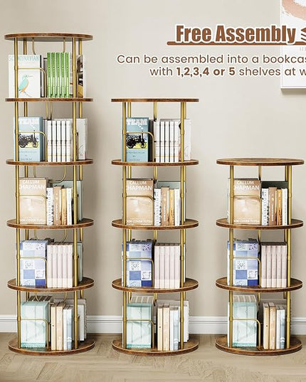 Rotating Bookshelf, 4 Tier Spinning Bookshelf Tower, 360° Display Unique Round Bookcase, Floor Standing Corner Revolving Bookshelf Storage Organizer for Small Spaces, Home Study Office, Gold - LeafyLoom