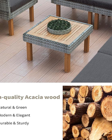 Merax Outdoor Patio Furniture Sets, Free Combination Wicker Sofa, 9-Piece, Rattan w/Wood Tabletop & Legs, Beige - LeafyLoom